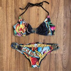 Brand New With Tag Attached, Vintage Rare Golden Skull Print String Triangle Bikini Set By Ed Hardy. Has Hygienic Liner. Adjustable Neck Tie. Metal Ring Accents. Made In Usa. Both Size M 3459-F Edgy Swimwear, Diff Aesthetics, Hot Suit, Trashy Outfits, Lovely Princess, Hippie Aesthetic, Virtual Wardrobe, Gold Skull, Cute Bathing Suits