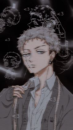 an anime character with white hair and blue eyes, wearing a gray jacket in front of a black background