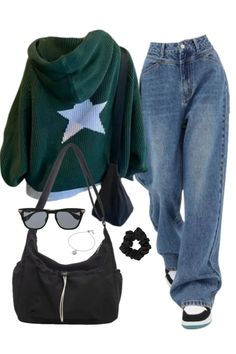 Star Outfit Aesthetic, Aesthetic Blue Outfits, Old Money Outfits Men Summer, Outfit With Blue Jeans, Green And Blue Outfit, Crossbody Bag School, Outfits Middle School, Baggie Jeans Outfit, Shein Outfit Ideas