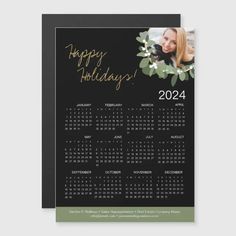 a black and green holiday card with a photo of a woman