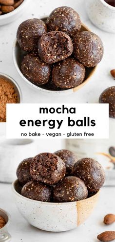 mocha energy balls in white bowls with almonds on the side and text overlay reading mocha energy balls no bake - vegan gluten free