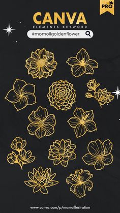 an image of flowers on a black background with the words canva written in gold