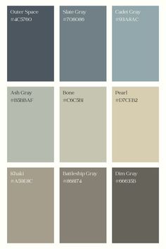 several shades of gray and white with the names of different paint colors on each one