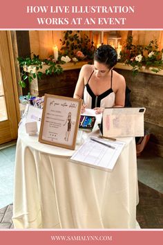 a woman sitting at a table working on her laptop with the words how live illustration works at an event