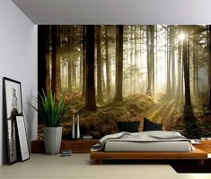 a bed room with a large wall mural