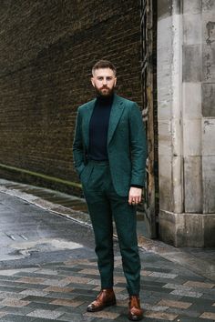 Men’s Wedding Suit Autumn, Green Suit With Turtleneck Men, Suit With Boots, Mens Winter Suits, Turtleneck Suit, Green Suit Men, Menswear Suit, Masculinity Quotes, Quotes Empowering