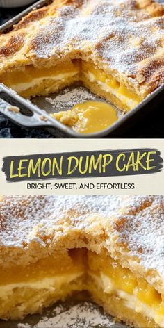 the lemon dump cake is cut in half and ready to be served on the table