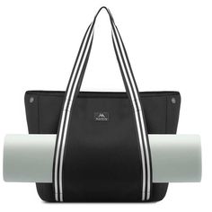 a black and white tote bag with two handles