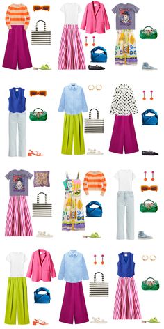 A white background with 12 outfits for a 12 Piece Colourful Summer Capsule Wardrobe. Street Styl, Capsule Wardrobe Women, Skirts Floral, Colorful Wardrobe, Aesthetic Street, Outfit 2023, Colour Combinations Fashion, Casual Dressing, Classy Dresses