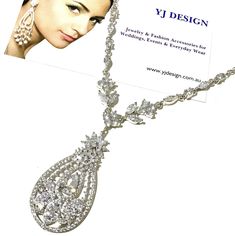 "A glamorous vintage wedding boho bridal necklace to make that glam yet elegant statement. This ornate, detailed silver wedding jewelry is made of clear cubic zirconia set on tarnish-resistant silver rhodium plated base and chain. Necklace length is adjustable from 16\" (40cm) to 18\" (46cm). See matching pieces & design variations at https://etsy.me/2fL2sud View all necklaces at https://etsy.me/1jokpF5" Art Deco Wedding Pendant Jewelry, Art Deco Crystal Necklace For Wedding, Silver Wedding Jewelry, Gatsby Wedding, Cz Jewelry, Boho Bridal, Wedding Jewelry Sets, Drop Necklace, Bridal Necklace