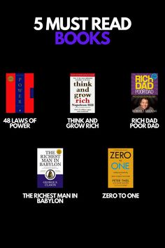 the five must read books list is shown in purple and blue, with black background