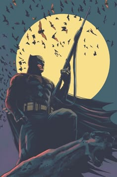 a batman sitting on top of a rock with bats flying around him and the moon in the background