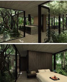 two pictures of a bedroom with trees in the background and an open room to the outside