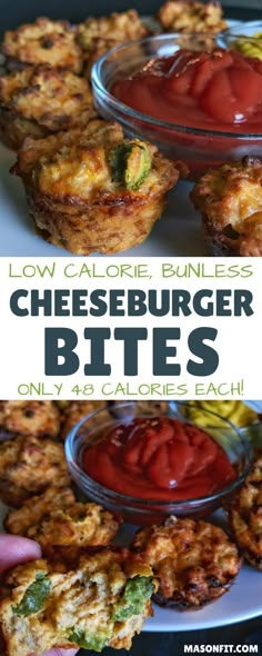 low calorie buns with cheeseburger bites on top and ketchup in the middle