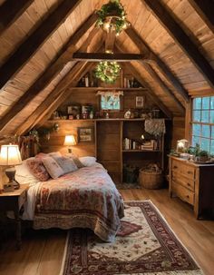 an attic bedroom with wood floors and exposed ceilinging, wooden bed frame, rugs, lamps, bookshelf and desk