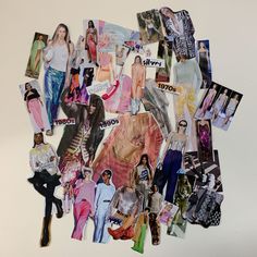 a collage of photos and pictures on a white surface with clothes, shoes, and accessories