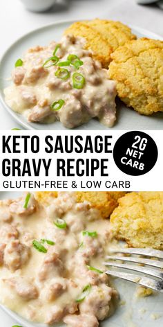 Biscuits with gravy topped with chopped green onions on a round plate. Keto Sausage Gravy, Sugar Free Breakfast, Sausage Gravy Recipe, Keto Sausage, Recipe For Breakfast, Keto Biscuits, Gluten Free Dishes, Brown Gravy, Gravy Recipe