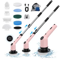 three different types of fishing rods in the water with cleaning supplies around them and an alarm clock