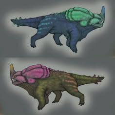 three different types of dinosaurs are depicted in this image