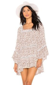 Beige Floral Hollowed Lace Trim Loose Tunic Top