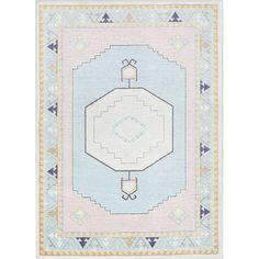 a blue and white rug with an octagonal design on the center, surrounded by triangles