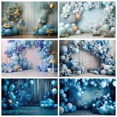 blue and white balloons are hanging from the ceiling in this photo collage with an arch