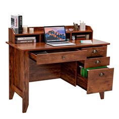 a wooden desk with two drawers and a laptop on it