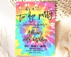 tie dye birthday party card with the words, it's in the day party