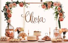 a table topped with lots of cakes and desserts