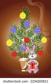 an easter bunny holding a gift in front of a potted plant with eggs on it