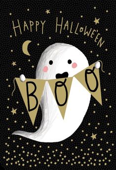 a happy halloween boo greeting card with a ghost holding a banner that says boo on it