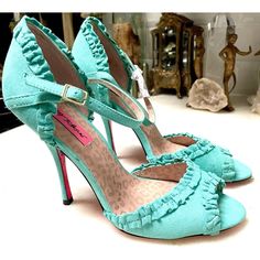 Very Nice Betsy Heels With An Ankle Strap. Classic Bright Pink Sole. These Are 100% Brand New! Size 9 The Color Is So Beautiful Like A Teal Green. They Have A Feminine Ruffle Accent. The Feel Is 4 Inches Plus. Please Reach Out If You Have Any Questions Thank You Julie Chic Ruffled Heels For Spring, Chic Open Toe Heels With Ruffles, Summer Ruffle Open Toe Heels, Summer Ruffles Open Toe Heels, Summer Ruffled Open Toe Heels, Summer Ruffle Detail Open Toe Heels, High Heel Ruffled Summer Heels, Summer High Heels With Ruffles, Summer Ruffled High Heel Shoes