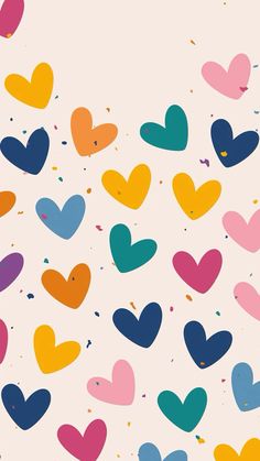 colorful hearts on a pink background with confetti