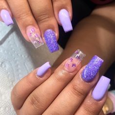 Purple Acrylic Nails Coffin Butterfly, Purple Glitter Butterfly Nails, Short Coffin Shape Nails Purple, Medium Length Purple Nails, Short Purple Nails With Rhinestones, Silver And Purple Nails For Prom, Light Purple Nails With Butterflies, Bright Purple Acrylic Nails, Short Nail Ideas Purple