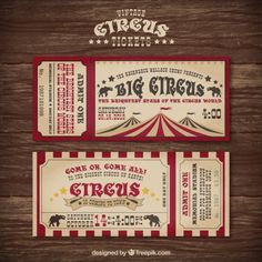 an old circus ticket is shown on a wooden surface