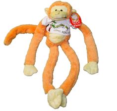 a stuffed monkey with a tag on it's neck and legs, sitting upright