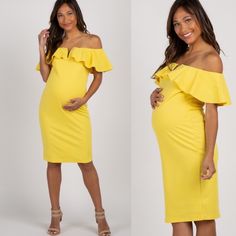 Pinkblush Yellow Maternity Dress. New Without Tags Pinkblush Exclusive! A Solid Hued Maternity Dress Featuring A Form-Fitting Style, An Off Shoulder Neckline With A Ruffle Trim, A Wire Supported V-Cutout In Front. Length: 36in 95% Polyester 5% Spandex Fitted Maternity Dress For Summer Date Night, Fitted Maternity Dress For Date Night In Spring, Yellow Fitted Maternity Dress, Elegant Spring Maternity Dress For Brunch, Feminine Fitted Maternity Dress For Brunch, Sleeveless Spring Maternity Dress For Brunch, Elegant Spring Maternity Wear Dress, Yellow Gender Reveal, Yellow Maternity Dress