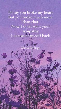 purple flowers with the words i'd say you broke my heart but you broke much more than that now i don't want your sympathy