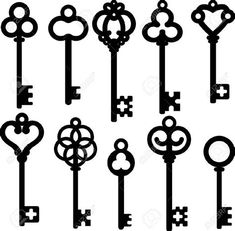 the silhouettes of old keys in different shapes and sizes stock photo, images and royalty