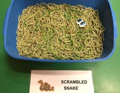 a blue bowl filled with green noodles next to a sign that says scrambled snake spaghetti