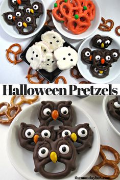 halloween pretzels are arranged on plates and decorated with googly eyes, owls, and pretzels