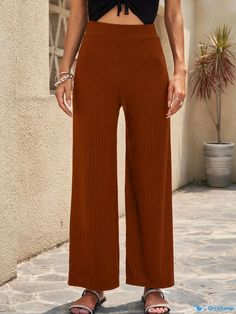 Orcajump - Wide Leg Solid Pants, Casual Elastic Waist Versatile Long Length Pants, Women's Clothing Pants Casual, Pants Women, Long Length, Knit Fabric, Elastic Waist, Women's Clothing, Wide Leg, Weaving, Elastic