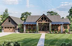 this is an artist's rendering of the front elevation of these ranch house plans