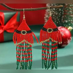 Brand New Super Cute Elf Outfit Christmas Hand Beaded Dangle Fringe Spirited Fun Earrings Bundle Several Items From My Closet And I’ll Give You A Great Deal! Plus You Maximize The Shipping Fee. Poshmarks Shipping Fee Covers Up To 5lbs Of Items! Free Gift With Every Purchase If You’re New To Poshmark Sign Up Using My Link Https://Posh.Mk/Evngezioycb And You Get 10$ Credit When You Join! Beaded Christmas Earrings, Elf Outfit, Diy Earrings Easy, Elf Clothes, Outfit Christmas, Brick Stitch Earrings, Beaded Fringe, Christmas Earrings, Earring Patterns