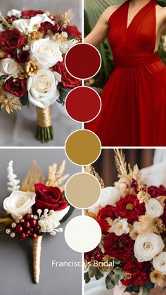 red and white wedding bouquets with gold accents, flowers and greenery for the bride's color scheme