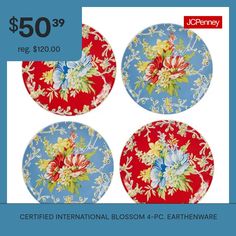 three plates with floral designs on them for $ 50 99 reg $ 200 00 certified international blossom - pc earthware