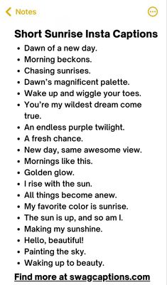 an image of a poem with the words short sunrise insta captions on it