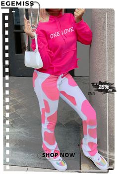 Pink Casual Print Letter Hooded Collar Long Sleeve Two Pieces Pink Cow, Ladies Tops Fashion, Two Pieces, Letter Prints, Sweatshirts Women, Hoodies Womens, Collar, Sweatshirts, Long Sleeve