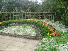 a garden with flowers in the middle and a wooden fence behind it that is surrounded by greenery