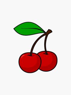 two cherries with green leaves on them